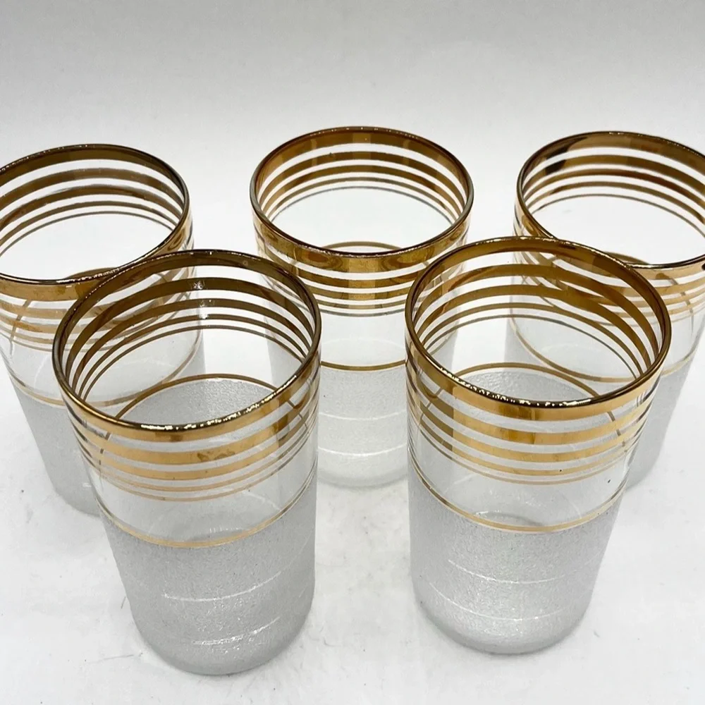 MCM Set Of 5 Juice Cocktail Glasses Gold Trim Frosted 4.5”‎ Tall Vintage